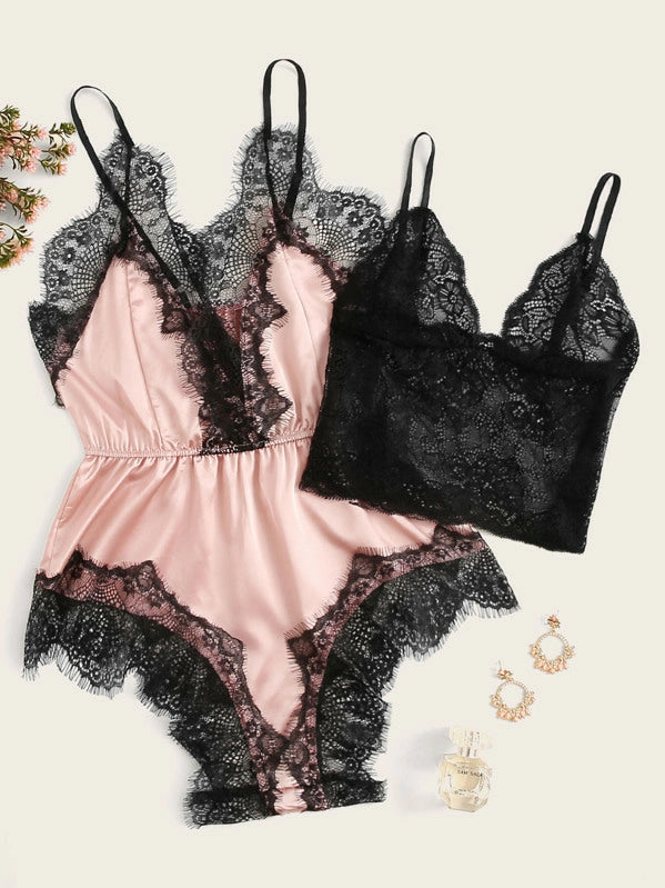 Floral Lace Bralette with Satin Teddy Romper