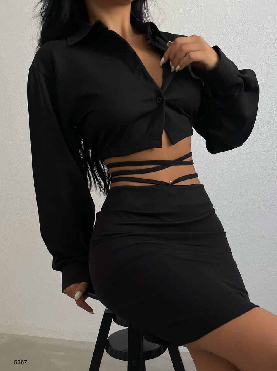 Crop Shirt & Waist Tie Skirt Set