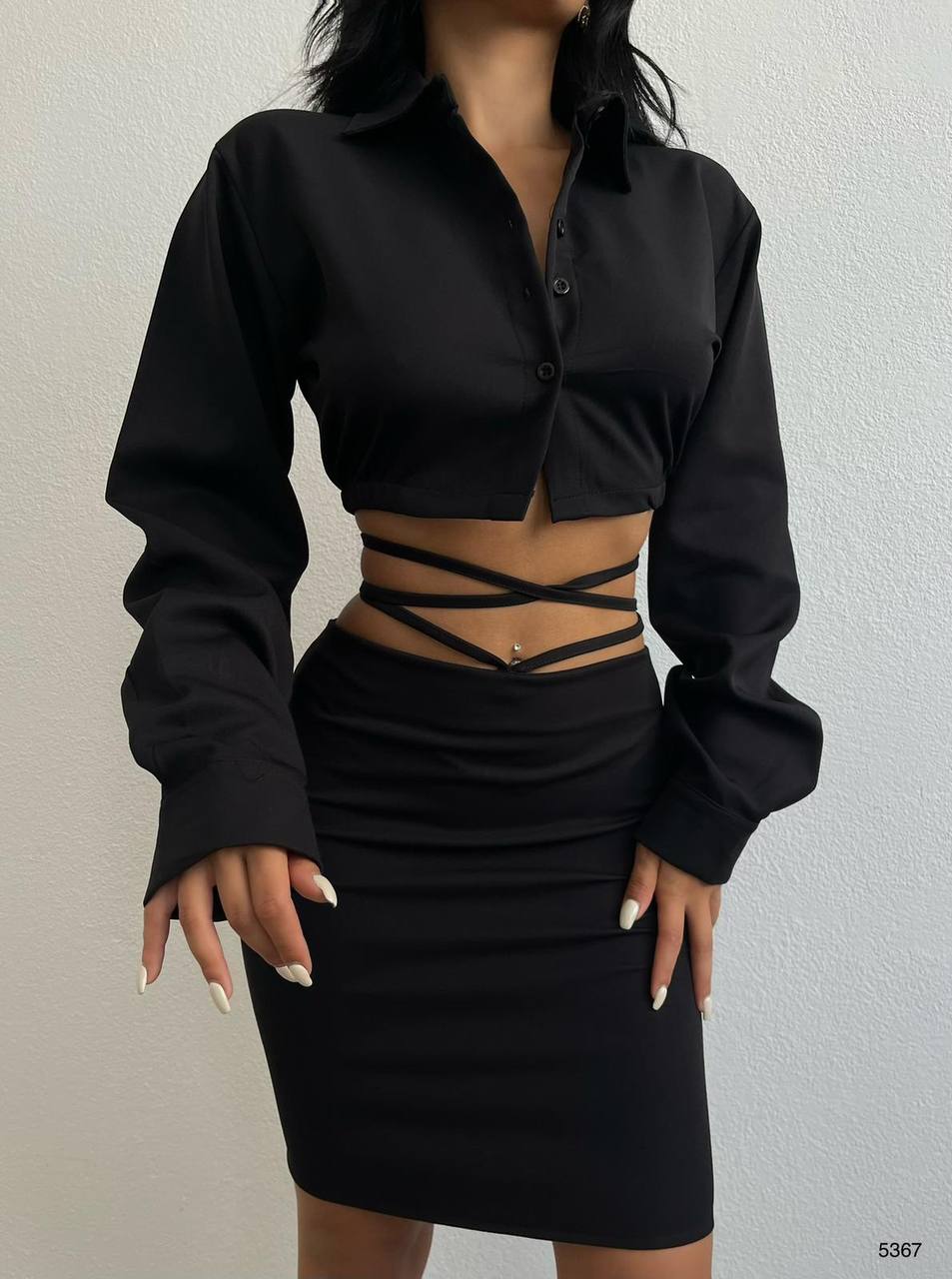 Crop Shirt & Waist Tie Skirt Set