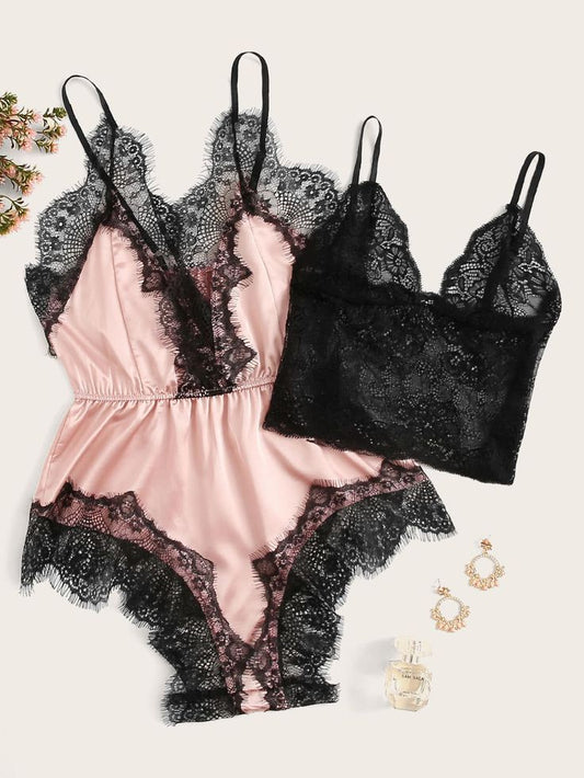 Floral Lace Bralette with Satin Teddy Romper