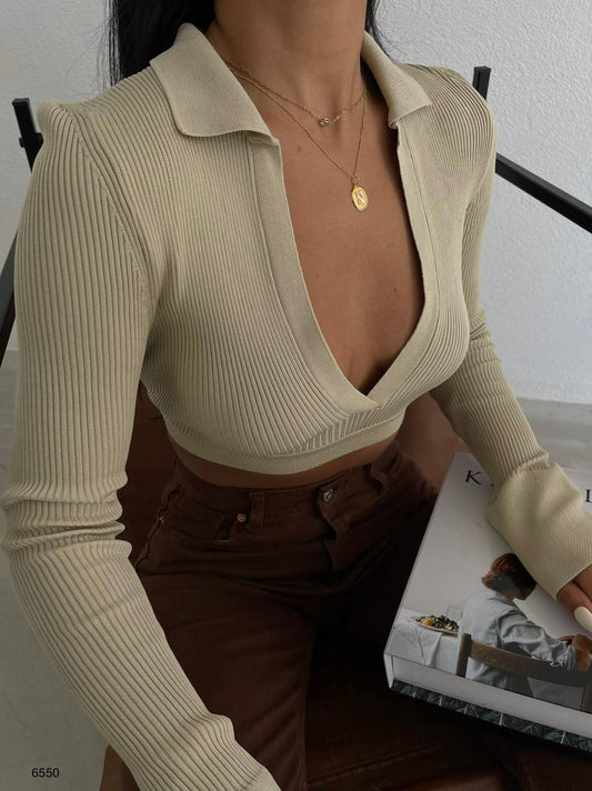 Sultry V neck Long Sleeve Crop Top